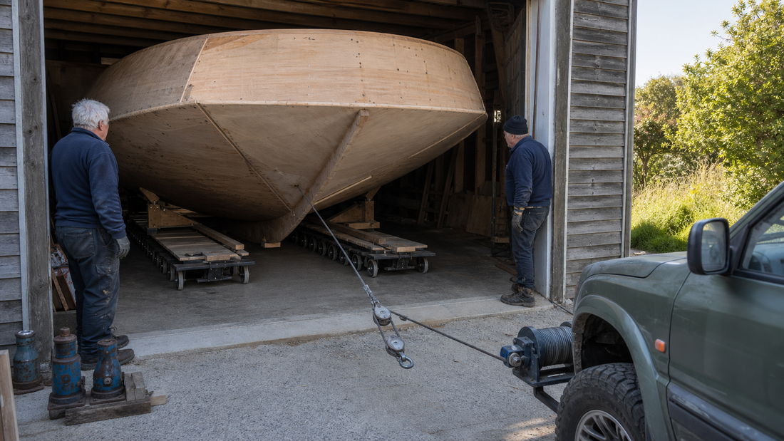 Moving the schooner hull out of the workshop, part 2
