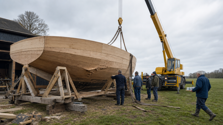 Turning the schooner hull over with a crane